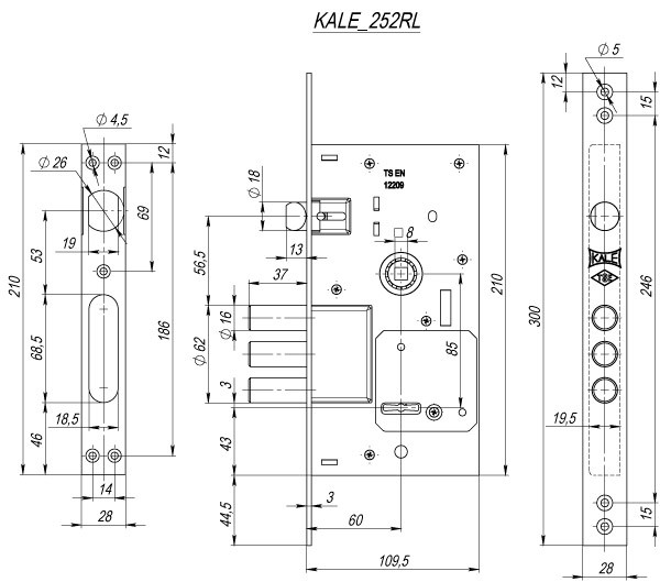 Замок Kale kilit (Кале килит) врезной сувальдный с защёлкой 252/RL (тех. комплектация), 4 кл. (кл. 60 мм) 