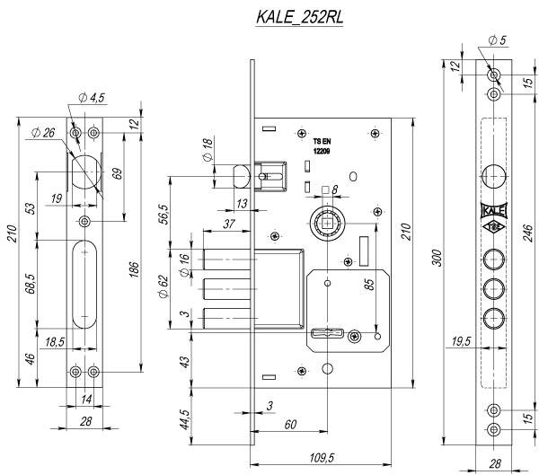 Замок Kale kilit (Кале килит) врезной сувальдный с защёлкой 252/RL (тех. комплектация), 4 кл. (кл. 60 мм) 
