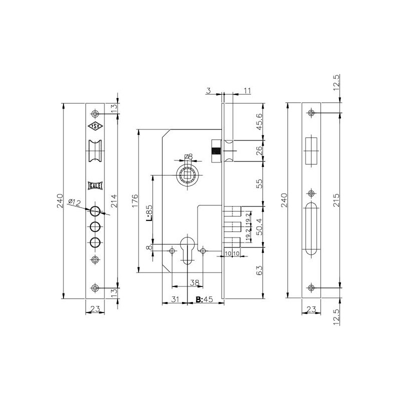Корпус Kale kilit (Кале килит) врезного замка с защёлкой 152/3MR (45 mm) w/b (никель) Корпус Kale kilit (Кале килит) врезного замка с защёлкой 152/3MR (45 mm) w/b (никель)