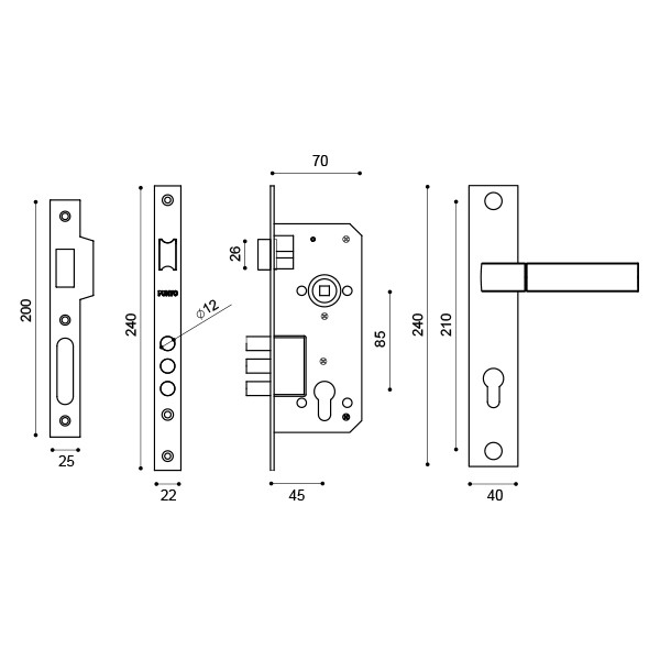 Замок цилиндровый Punto (Пунто) с ручкой LOCKSET90.ORION.4585-3 (KIT P90 4585/3 ORION) SN/CP мат.никель/хром 