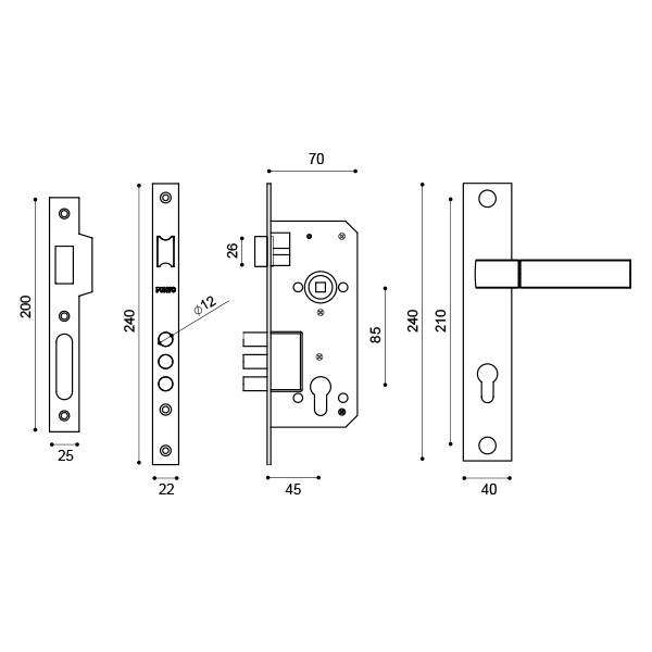 Замок цилиндровый Punto (Пунто) с ручкой LOCKSET90.ORION.4585-3 (KIT P90 4585/3 ORION) SN/CP мат.никель/хром 