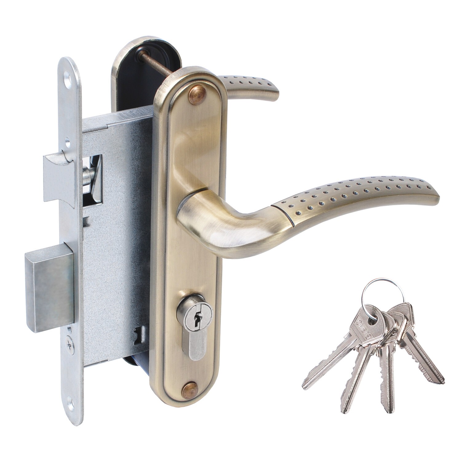 Замок Omega (Омега) врезной цилиндровый с защёлкой в комплекте с ручкой ЗВ4-55.27 (ант.бронза), 4 кл. Замок Omega (Омега) врезной цилиндровый с защёлкой в комплекте с ручкой ЗВ4-55.27 (ант.бронза), 4 кл.