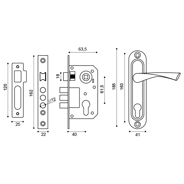 Замок Punto (Пунто) цилиндровый в комплекте с ручкой LOCKSET15.CRONA.4061-3 (KIT P15 4061/3 CRONA) AB бронза 