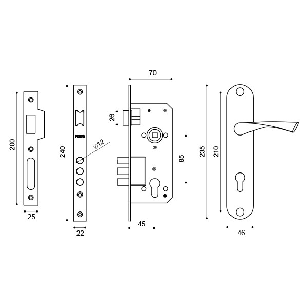 Замок Punto (Пунто) цилиндровый в комплекте с ручкой LOCKSET90.CRONA.4585-3 (KIT P90 4585/3 CRONA) AB бронза 