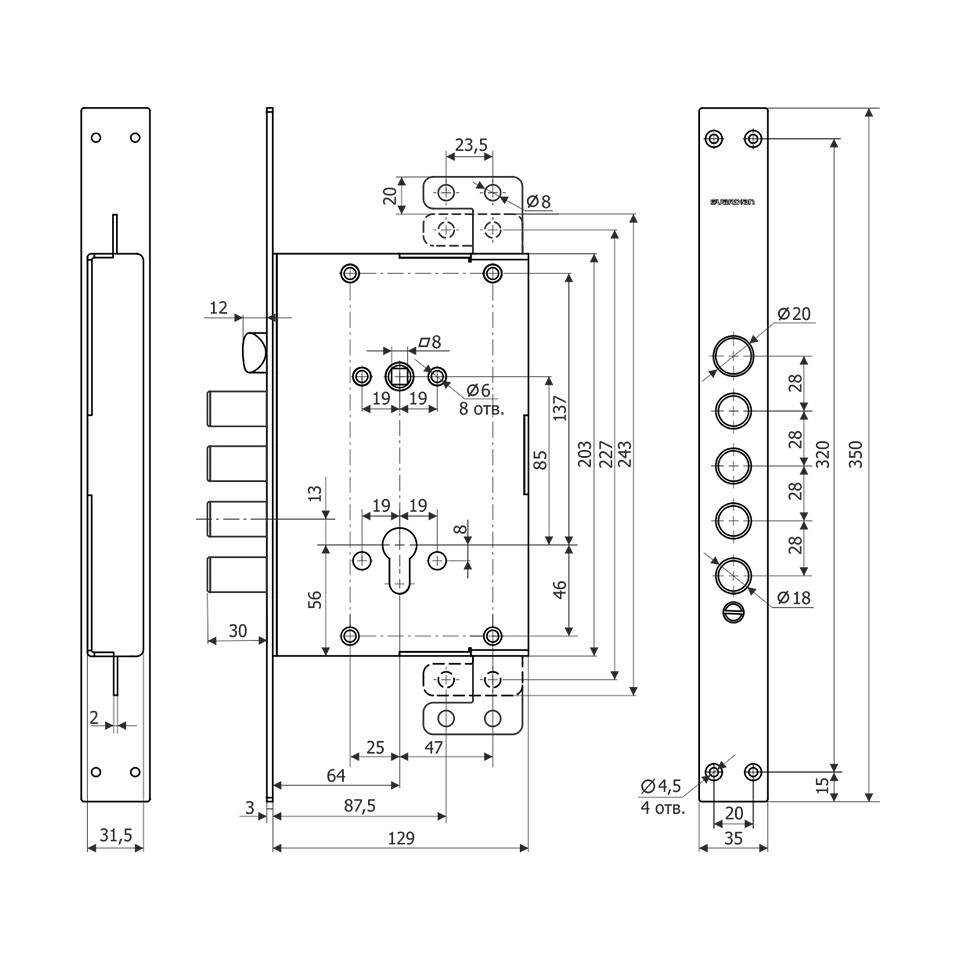 Корпус Guardian (Гардиан) врезного замка с защёлкой ЗВ 72.16 Т с тягами. /128:4140/ 