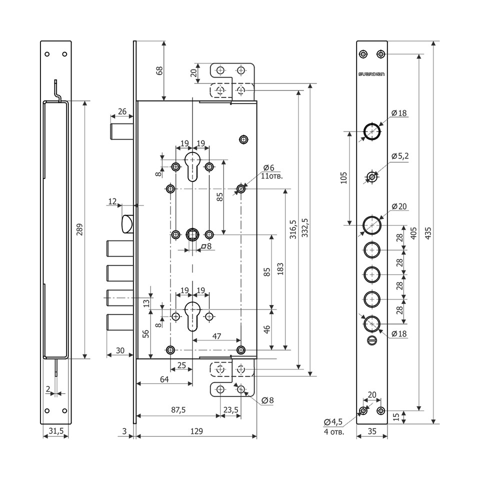Замок Guardian (Гардиан) врезной двухсистемный ЗВ 75.16 Т с тягами (без защиты, с торцевой планкой) /128:7293/ 