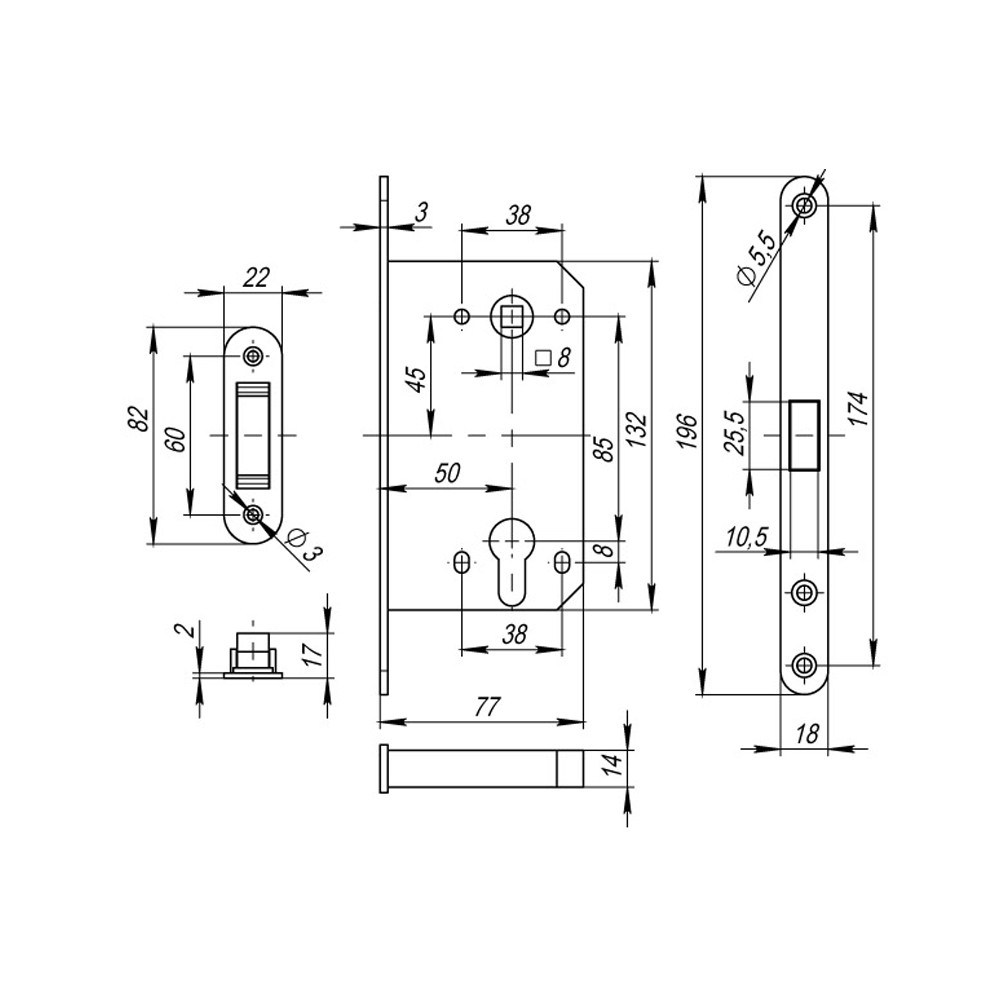 Корпус Fuaro (Фуаро) врезного замка MAGNM85C-50 (M85C-50) SSG сатинированное золото 