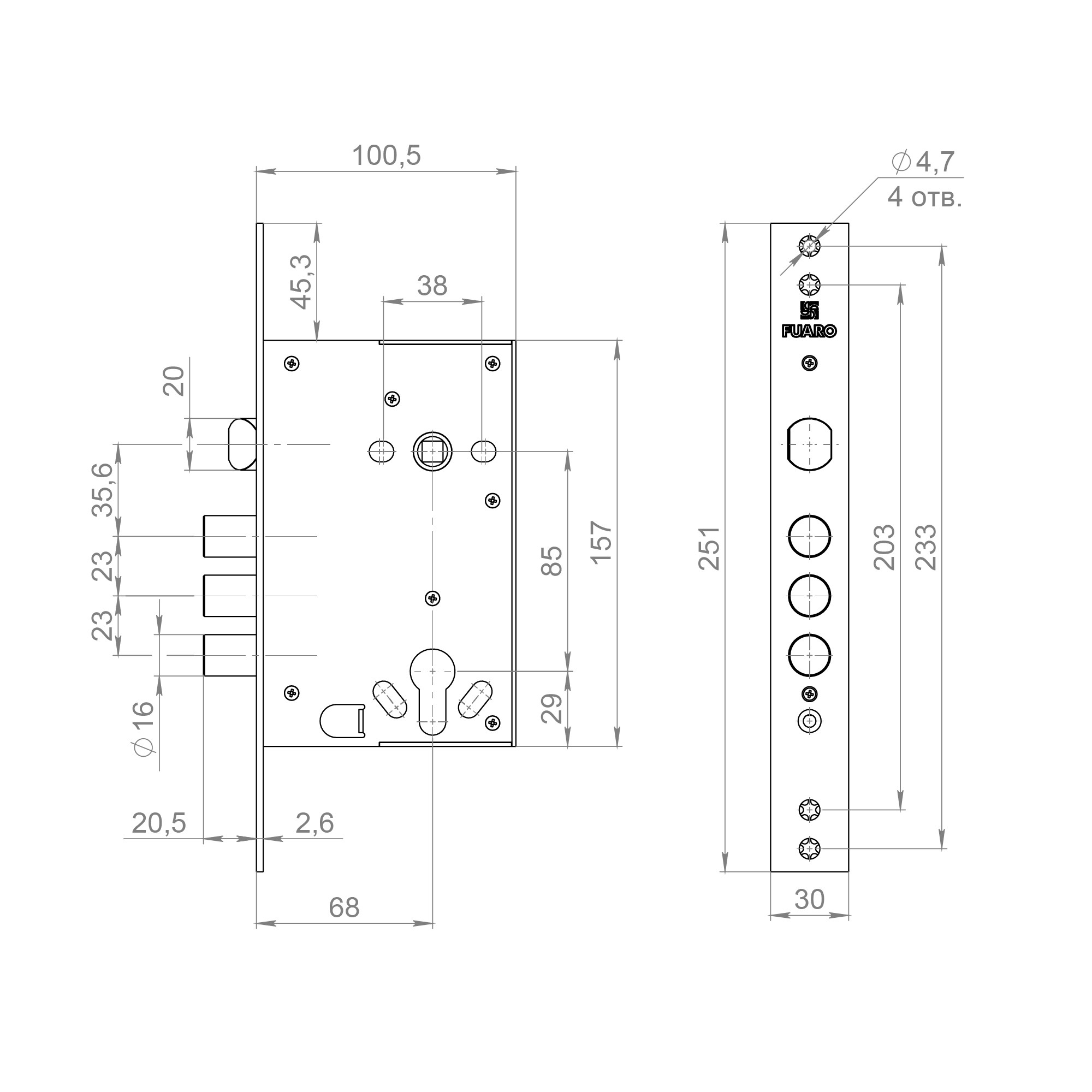 Корпус Fuaro (Фуаро) врезного замка полуавтоматический с защёлкой MDV32.21/C-65.85.3R16 S/A Корпус Fuaro (Фуаро) врезного замка полуавтоматический с защёлкой MDV32.21/C-65.85.3R16 S/A