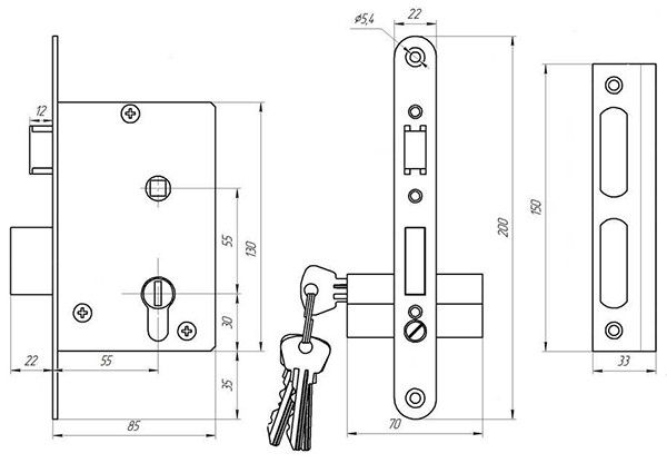 Замок Zenit (Зенит) врезной цилиндровый с защёлкой в комплекте с ручкой ЗВ4-3.01 (хром), 4 кл. 
