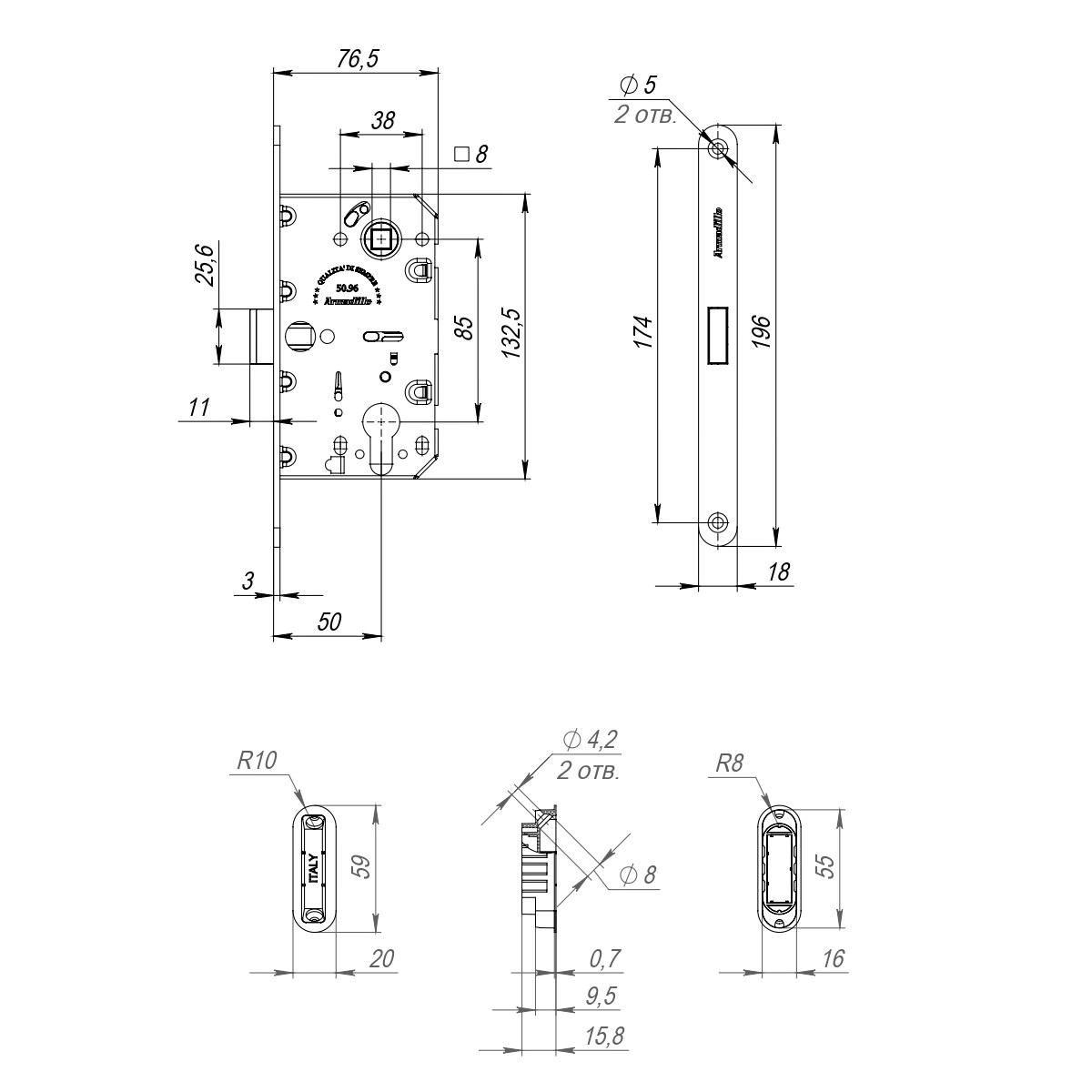 Замок Armadillo (Армадилло) межкомнатный магнитный под цилиндр с ответной планкой GRAVITY G02.196.50.85 CP хром 