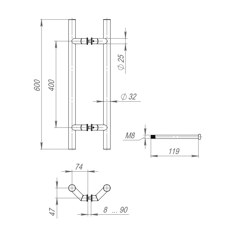 Ручка-скоба Fuaro (Фуаро) PULL.PH32/600.45 INOX 304 (PH-45-32/600-INOX) 