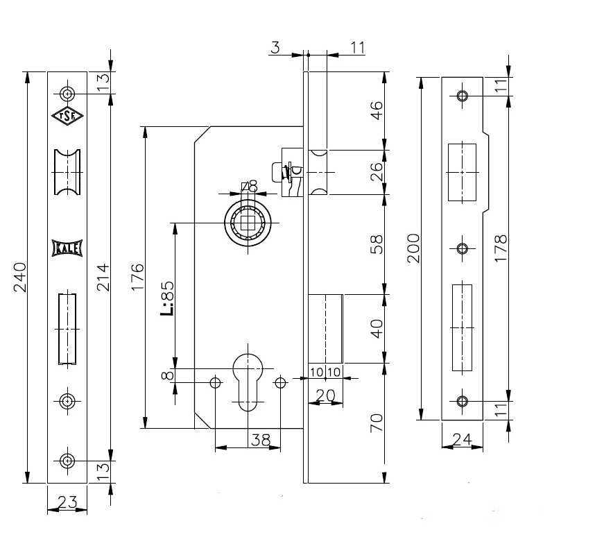 Корпус Kale kilit (Кале килит) врезного замка с защёлкой 152/R (60 mm) w/b (латунь) Корпус Kale kilit (Кале килит) врезного замка с защёлкой 152/R (60 mm) w/b (латунь)