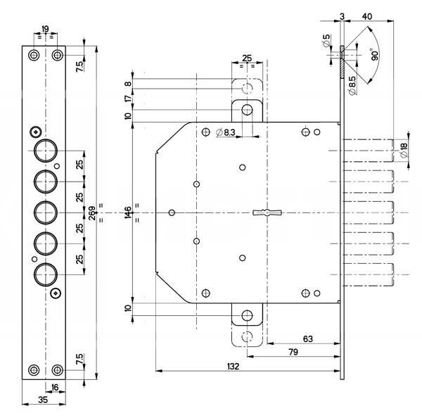 Замок Mottura (Моттура) врезной сувальдный 50.798-S (левый), ключ 60 мм, без накл. 