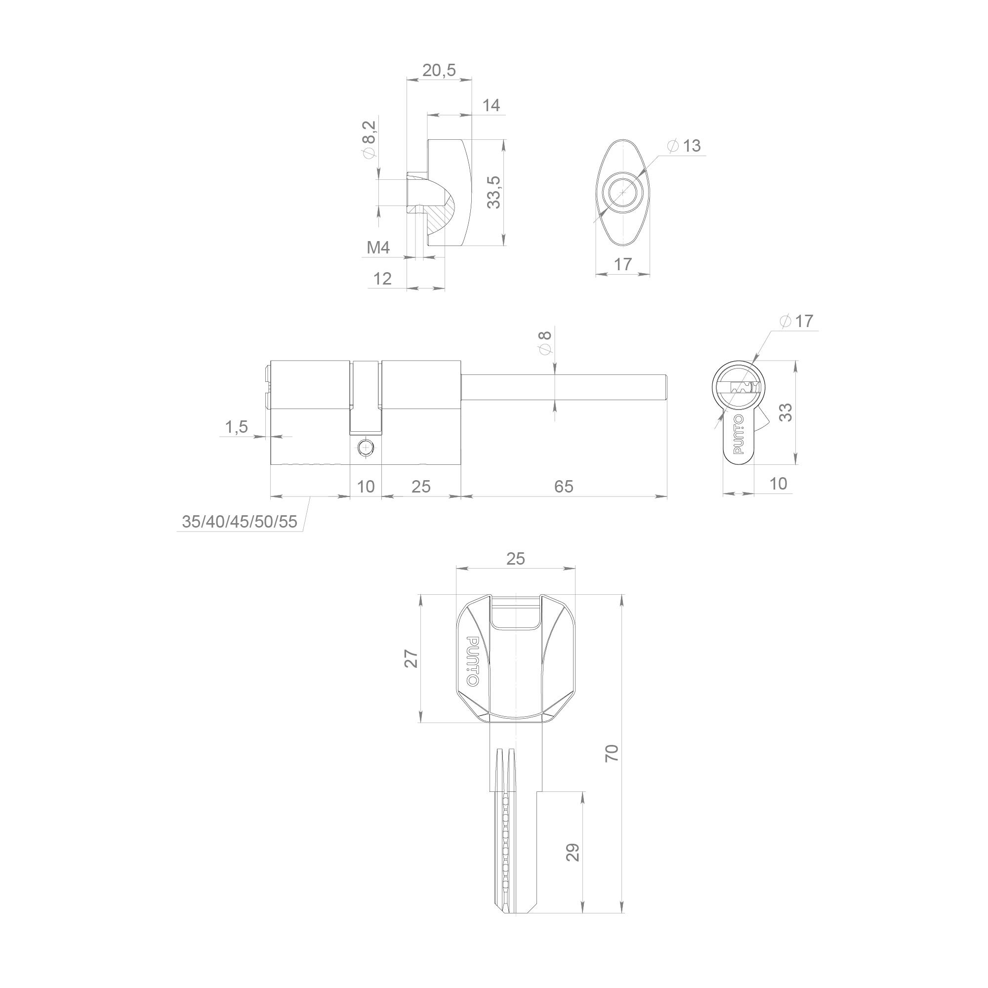 Цилиндровый Punto (Пунто) механизм (Z407/90) Z4007Tang90(55+10+25) со штоком CP хром 
