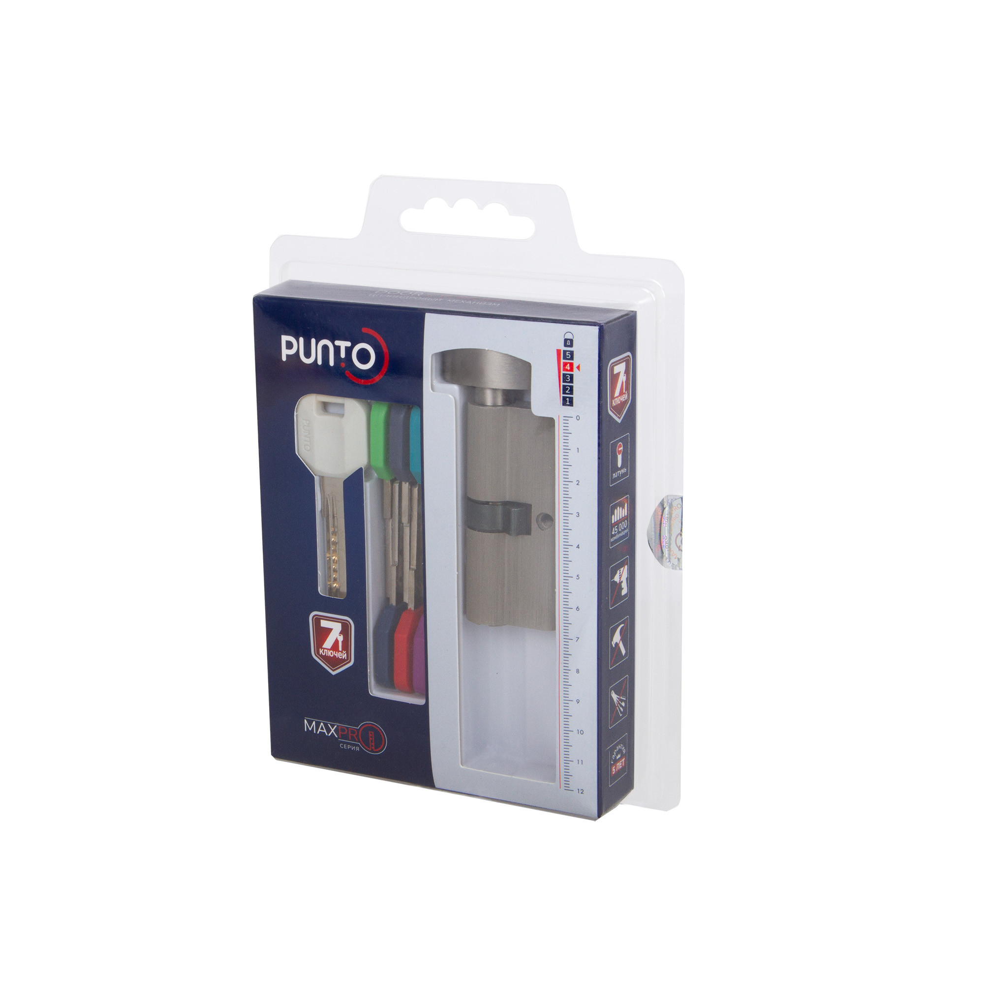 Цилиндровый Punto (Пунто) механизм MaxPro7002Knob90mm(35+10+45) SN никель 7key с вертушкой 