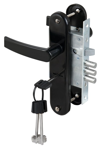 Замок Sam (Сам) врезной сувальдный с защёлкой в комплекте с ручкой ЗВ9-8/13 (черный муар), 3 кл. /76704/ Замок Sam (Сам) врезной сувальдный с защёлкой в комплекте с ручкой ЗВ9-8/13 (черный муар), 3 кл. /76704/