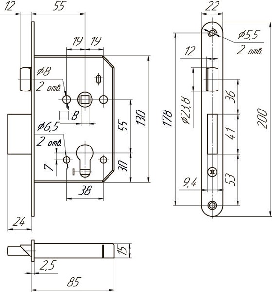 Корпус Mettem (Меттэм) врезного замка с защёлкой ЗВ4 401.0.0 Корпус Mettem (Меттэм) врезного замка с защёлкой ЗВ4 401.0.0