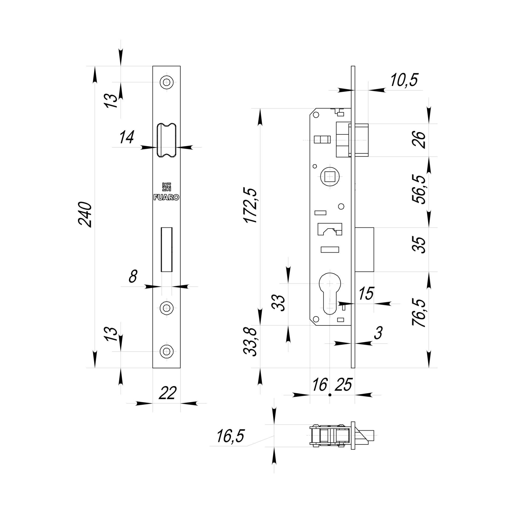 Корпус Fuaro (Фуаро) узкопрофильного замка с защелкой PROF153-25/85 (153-25/85) CP хром 