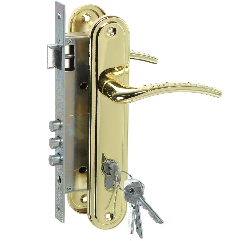 Замок Omega (Омега) врезной цилиндровый с защёлкой в комплекте с ручкой ЗВ4-85.27 (золото-лак), 4 кл. Замок Omega (Омега) врезной цилиндровый с защёлкой в комплекте с ручкой ЗВ4-85.27 (золото-лак), 4 кл.