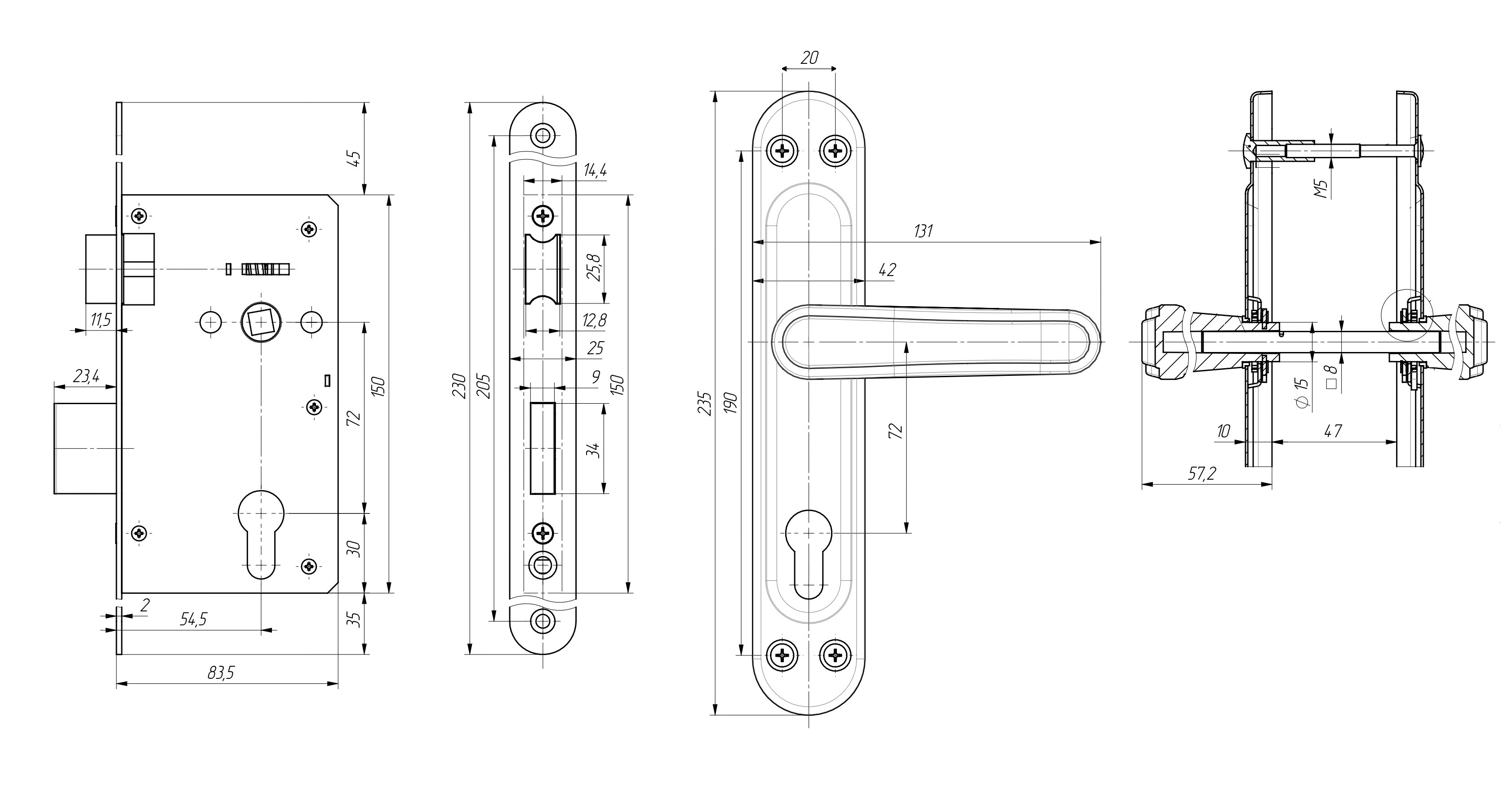 Замок Zenit (Зенит) врезной цилиндровый с защёлкой в комплекте с ручкой ЗВ4-72.03 (медь), 4 кл. 