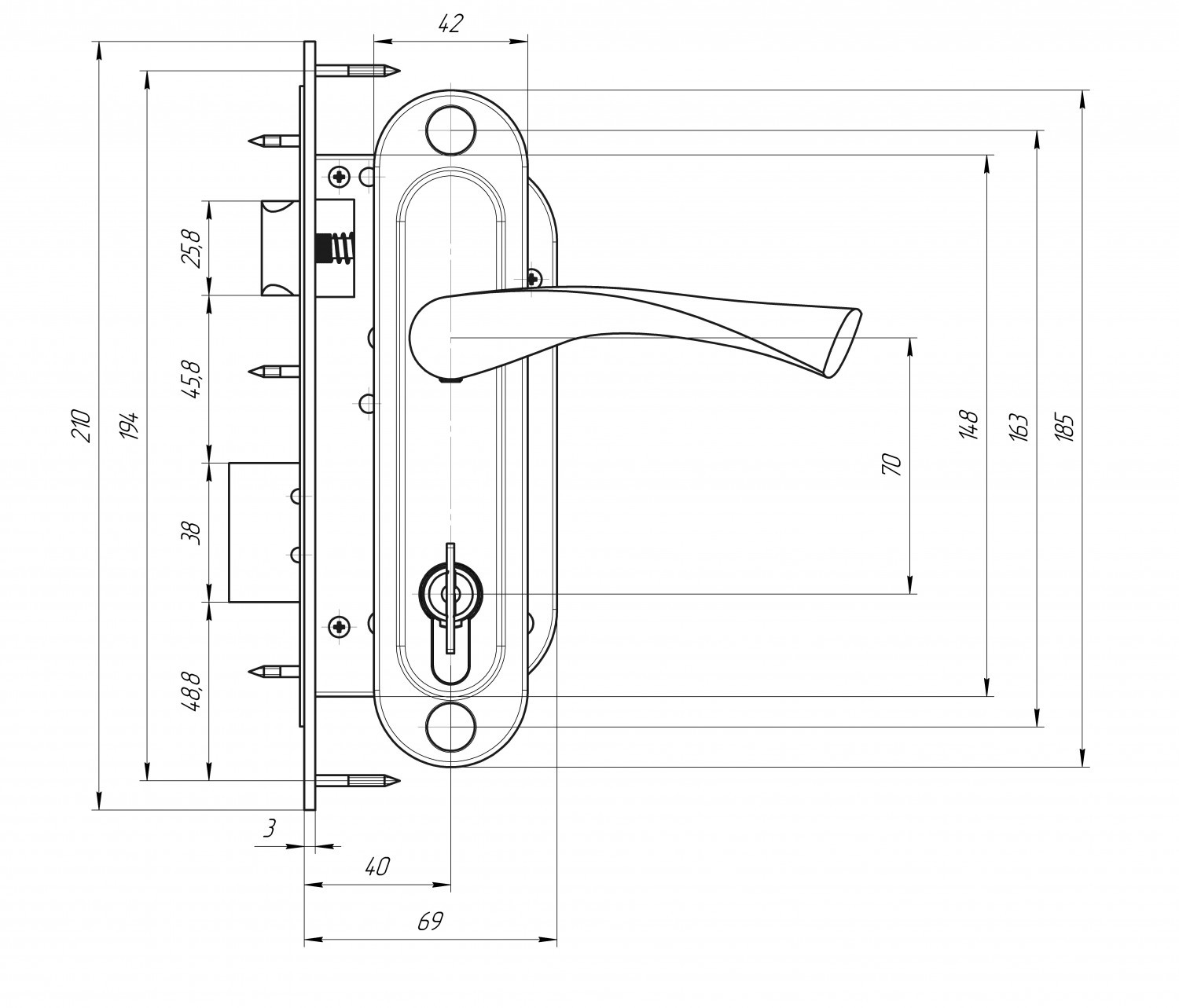 Замок Zenit (Зенит) врезной цилиндровый с защёлкой в комплекте с ручкой ЗВ7-70.4 (хром), 5 кл. 