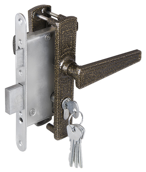 Замок Zenit (Зенит) врезной цилиндровый с защёлкой в комплекте с ручкой ЗВ4-3.01 (бронза), 4 кл. 