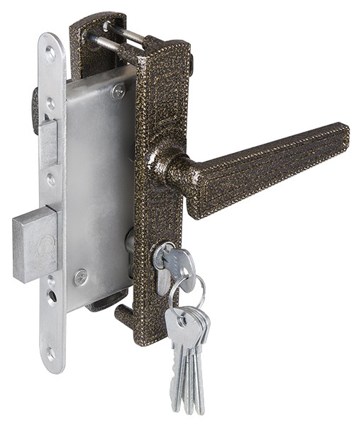 Замок Zenit (Зенит) врезной цилиндровый с защёлкой в комплекте с ручкой ЗВ4-3.01 (бронза), 4 кл. 