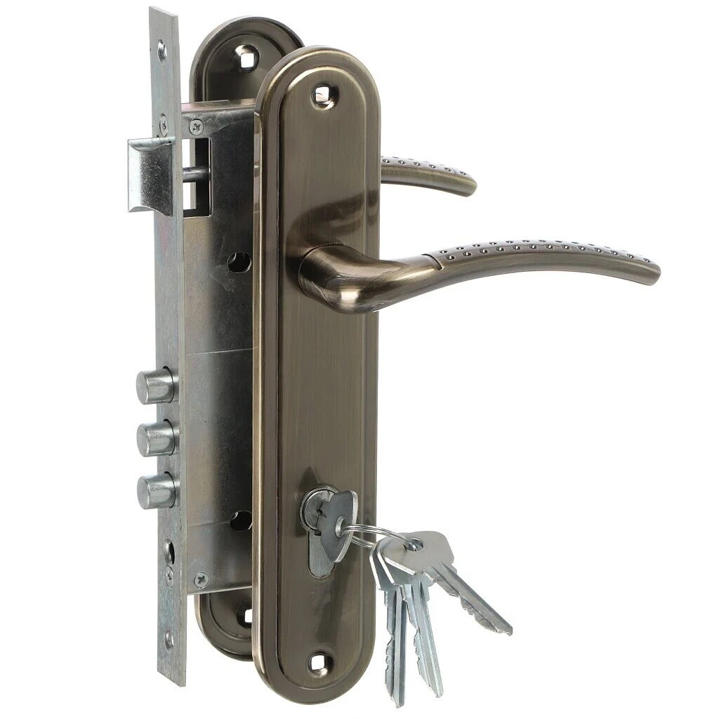 Замок Omega (Омега) врезной цилиндровый с защёлкой в комплекте с ручкой ЗВ4-85.27 (ант.бронза), 4 кл. 