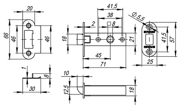 Защелка Fuaro (Фуаро) врезная PLASTP22-45-25 CP хром 