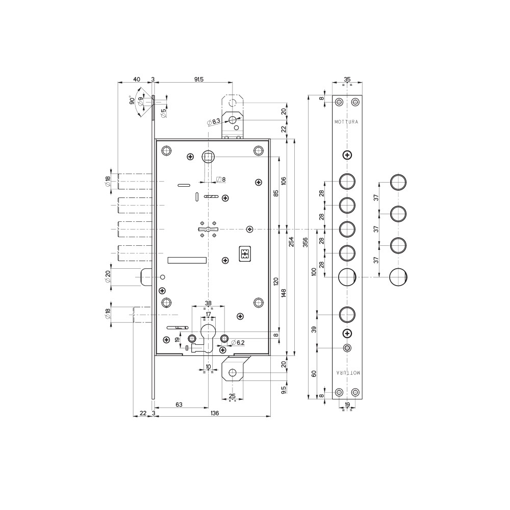 Замок Mottura (Моттура) врезной двухсистемный 54.787, (без накладок) ключ 60 мм 