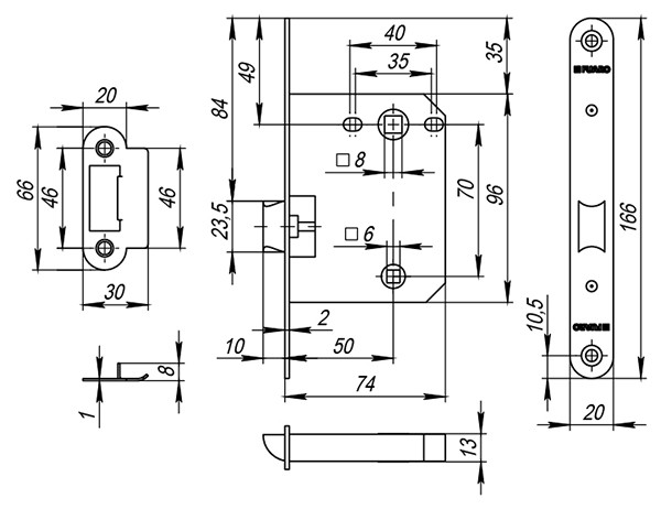 Защелка Fuaro (Фуаро) врезная PLASTP82-50 (P82-50) AB бронза 