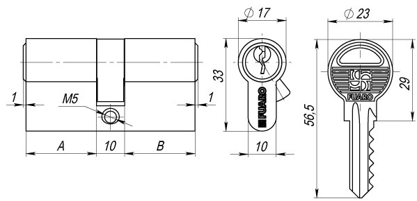 Цилиндровый Fuaro (Фуаро) механизм (100 ZA/70) 1000ZAKey70(30+10+30) AB бронза 5Key 